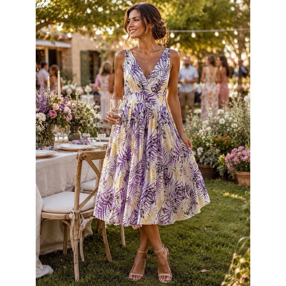 Aryeh Sleeveless Surplice Fit Flare Midi Dress Floral Lined Boho Cottage PP53
